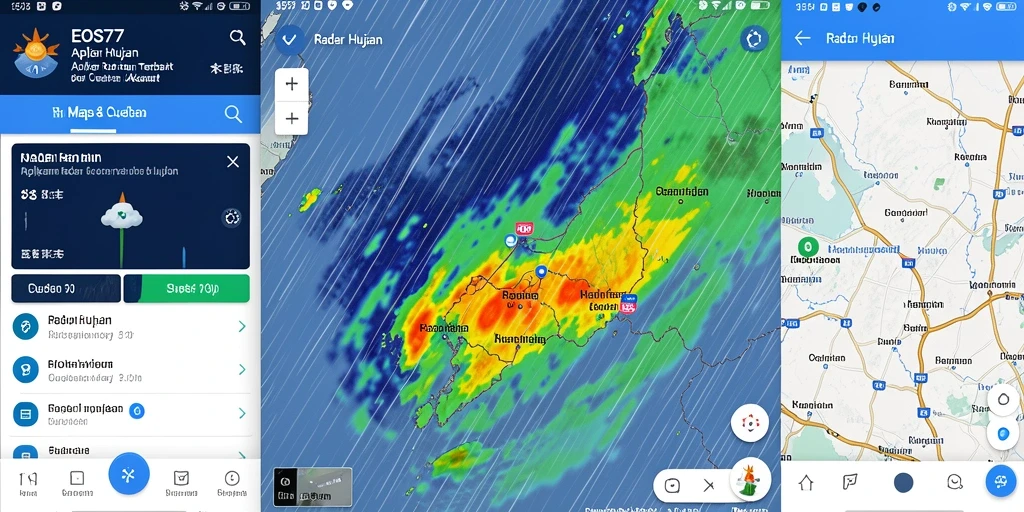 Tampilan antarmuka utama EOS77 dengan radar hujan yang akurat.